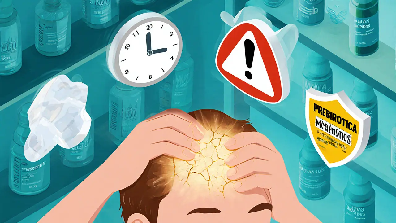 Человек массирует кожу головы, вокруг — предупреждения и символы правильного ухода с пребиотиками.