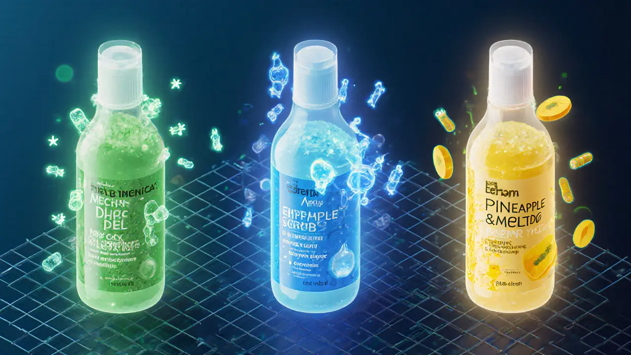 Три типа скрабов для кожи головы: механический, кислотный и ферментный, в стиле изометрической иллюстрации.