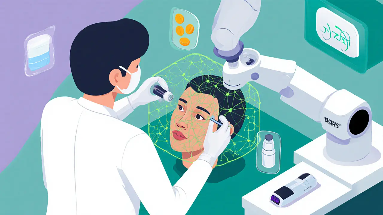 Клиника 2025 года: врач сканирует сосуды лазером, вводит наполнитель через канюлю, вокруг — витамины и лазер.