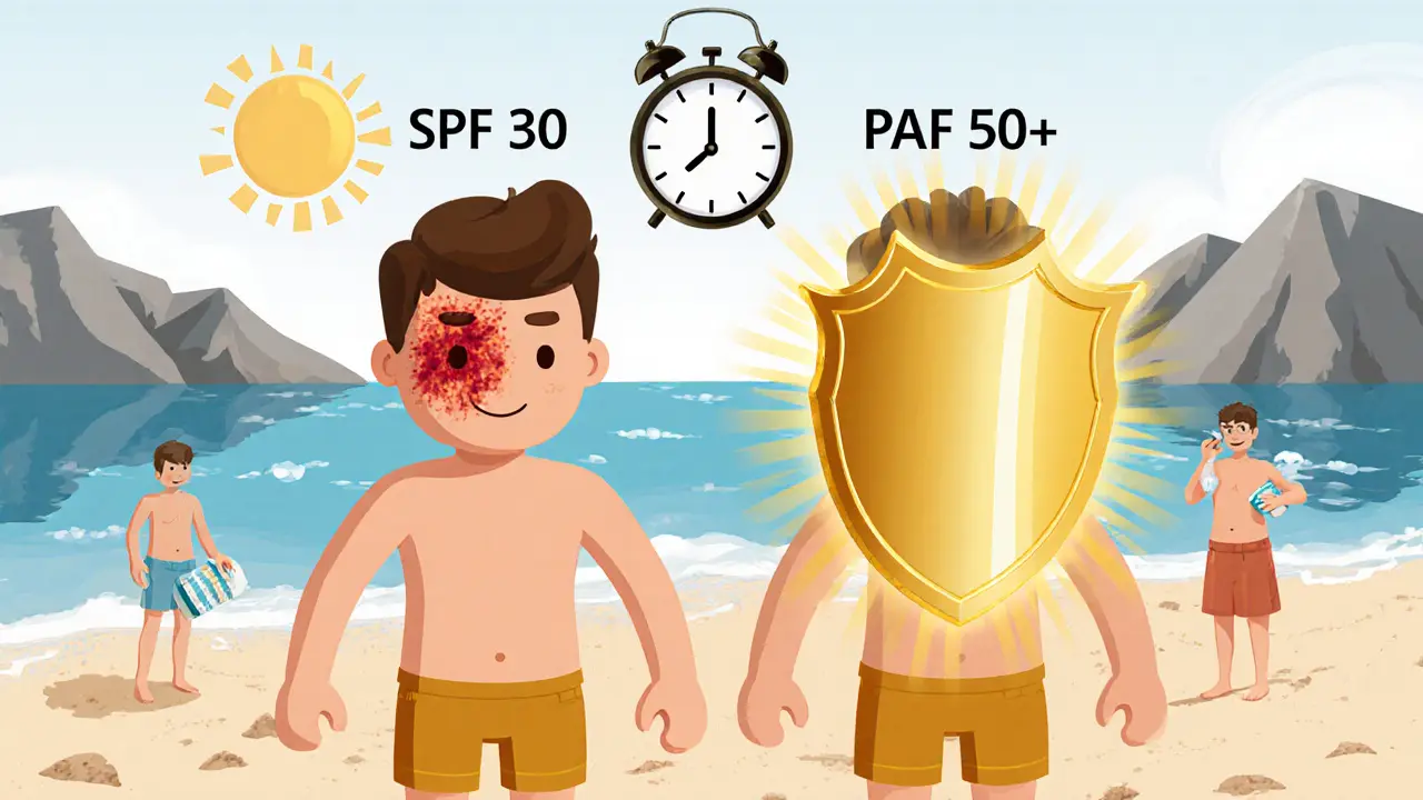 Пляжная сцена: два человека — один с ожогом, другой под защитным щитом PA++++, солнце, песок и вода отражают УФ-лучи.