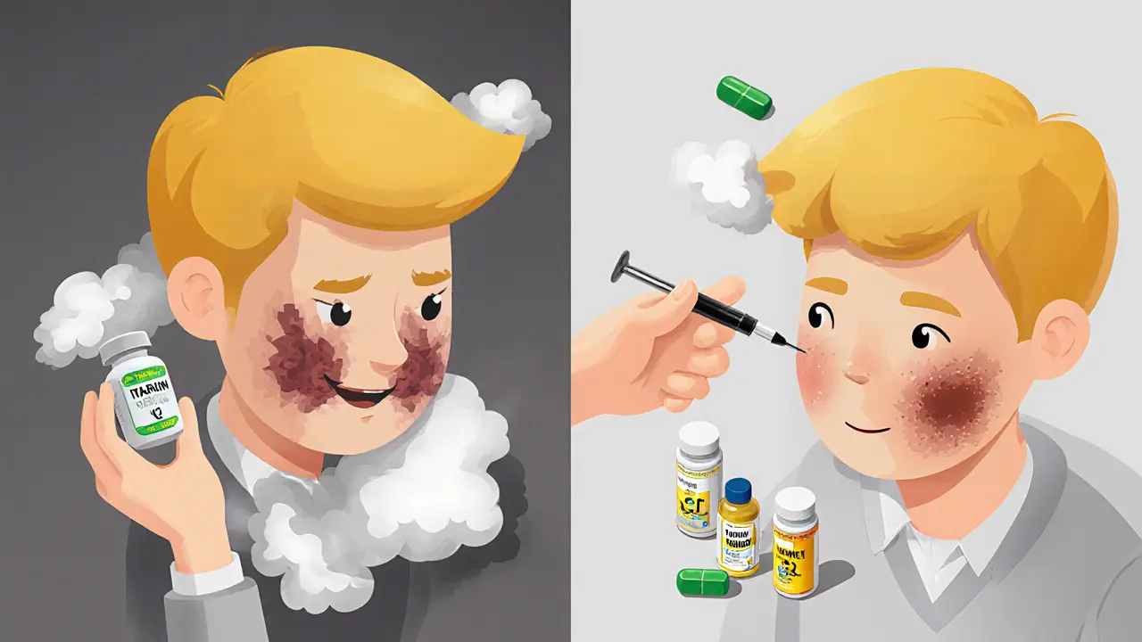 Сравнение до и после: слева — синяки от лекарств, справа — безопасная процедура с витаминами и канюлей.