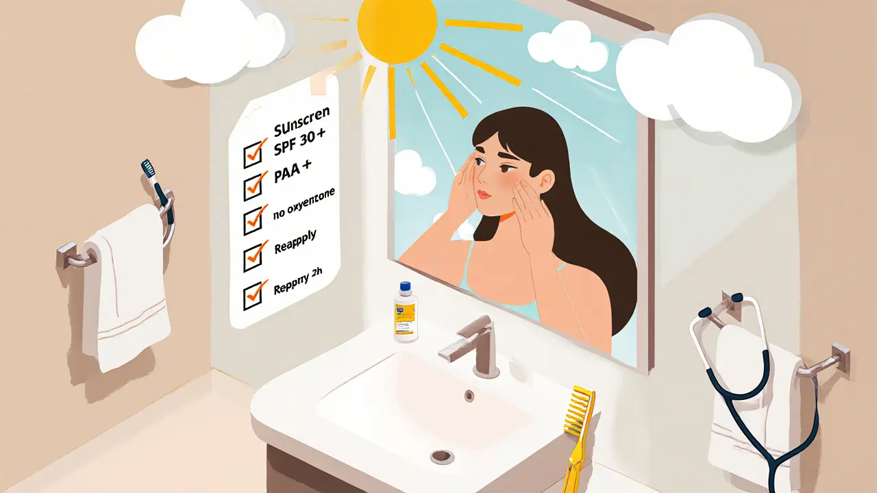 Утренний ритуал: женщина наносит крем у зеркала, сквозь окно проникают UVA-лучи, рядом чек-лист с требованиями к защите.