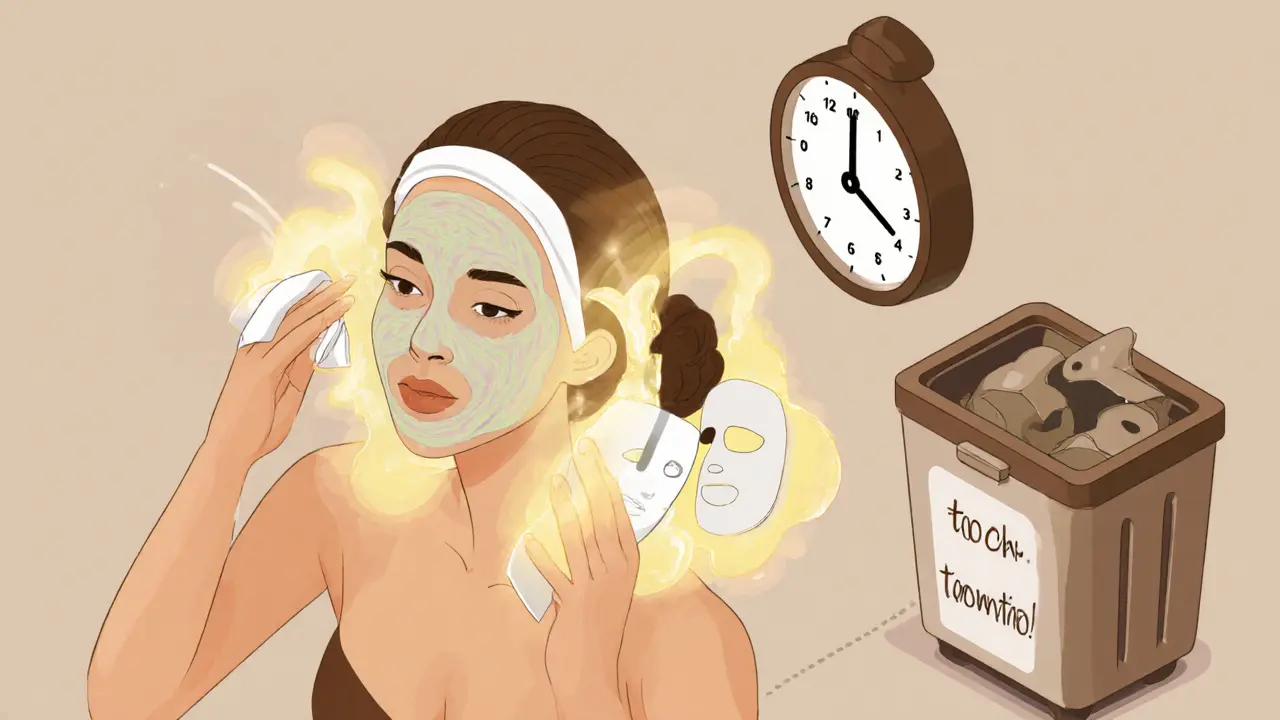 Изометрическая иллюстрация женщины, наносящей маску толстым слоем на лицо, шею и декольте с защитным сиянием.