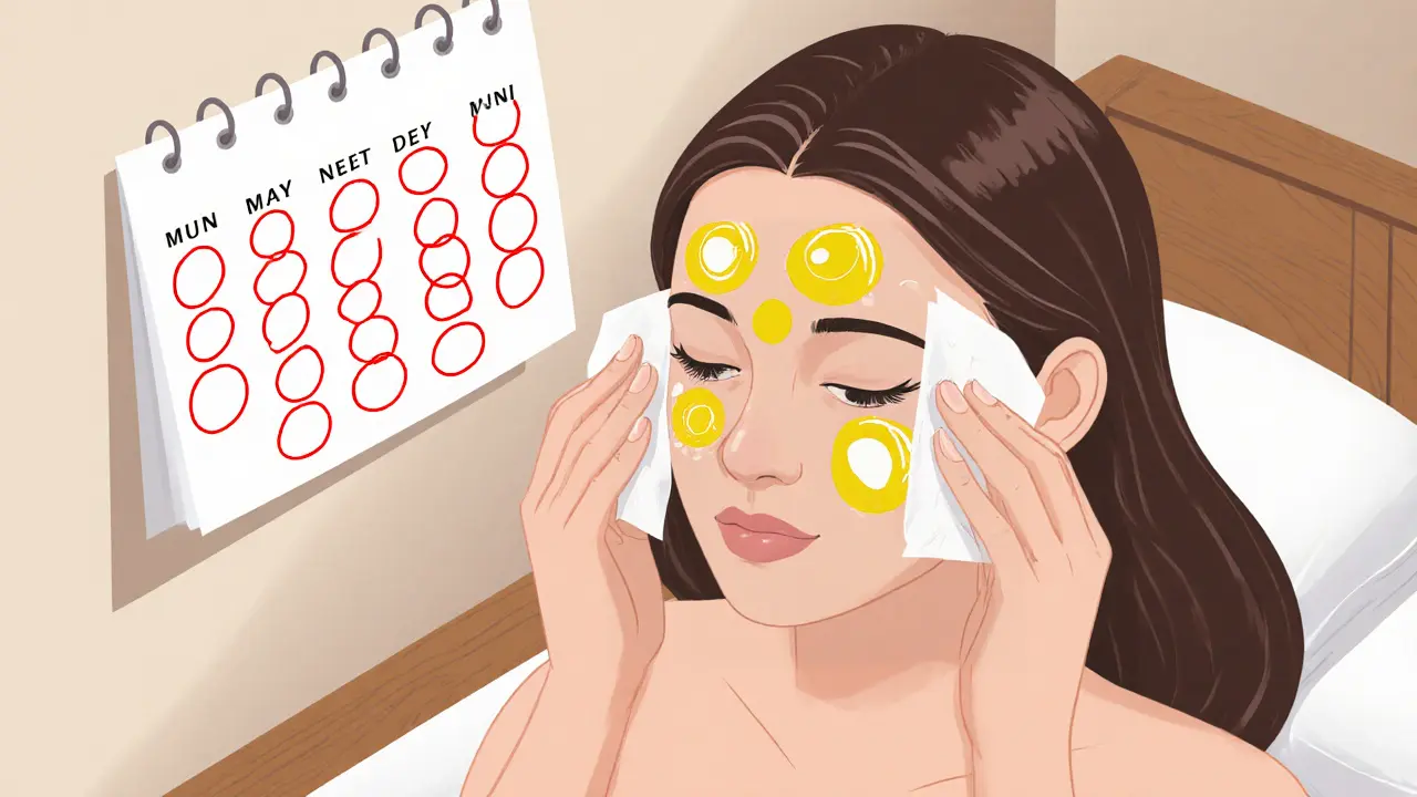 Женщина прикладывает салфетку к лицу, на ней видны жирные следы только на лбу и носу — признак комбинированной кожи.