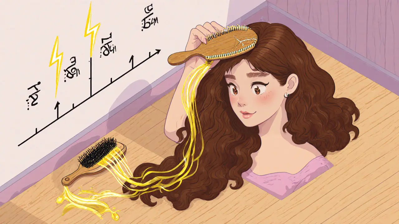 Женщина расчесывает вьющиеся волосы деревянной расческой, золотые масла стекают по волосам, пластиковая расческа сломана на заднем плане.