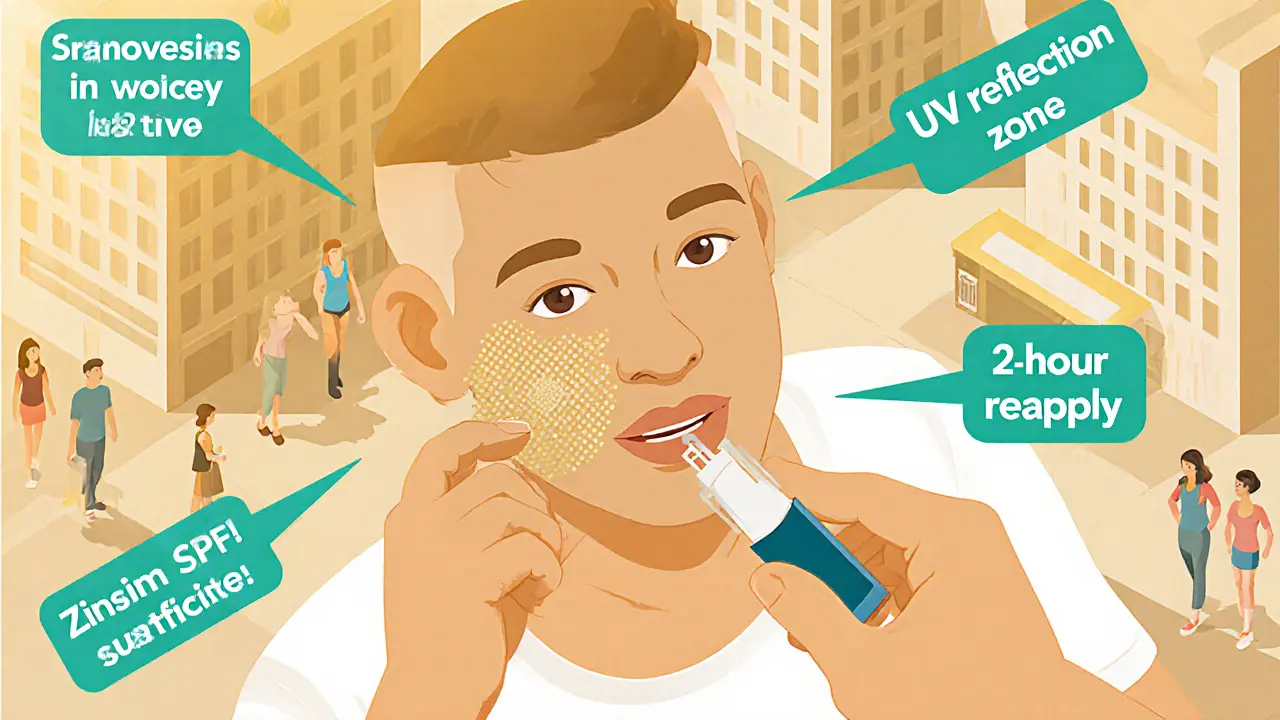 Человек наносит SPF-стик на губы и уши, вокруг — метки зон и молекулы защиты в стиле изометрии.