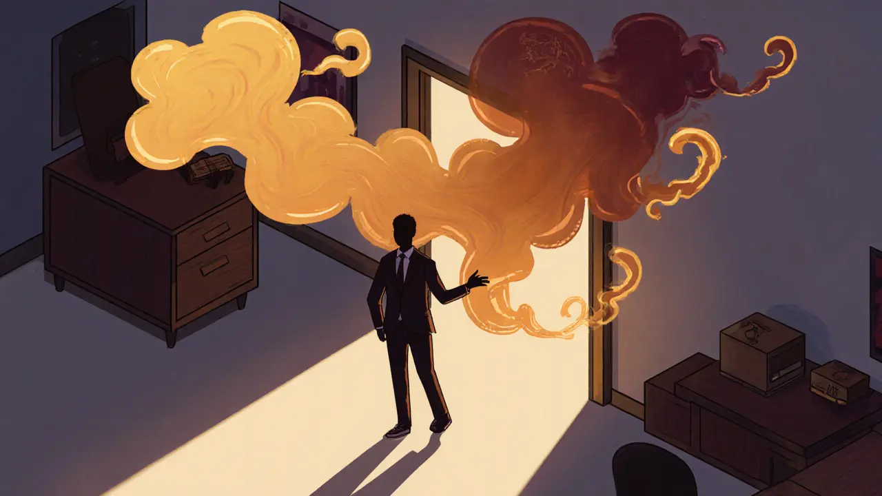 Человек в офисе, за которым следует тёплый шлейф восточного аромата.