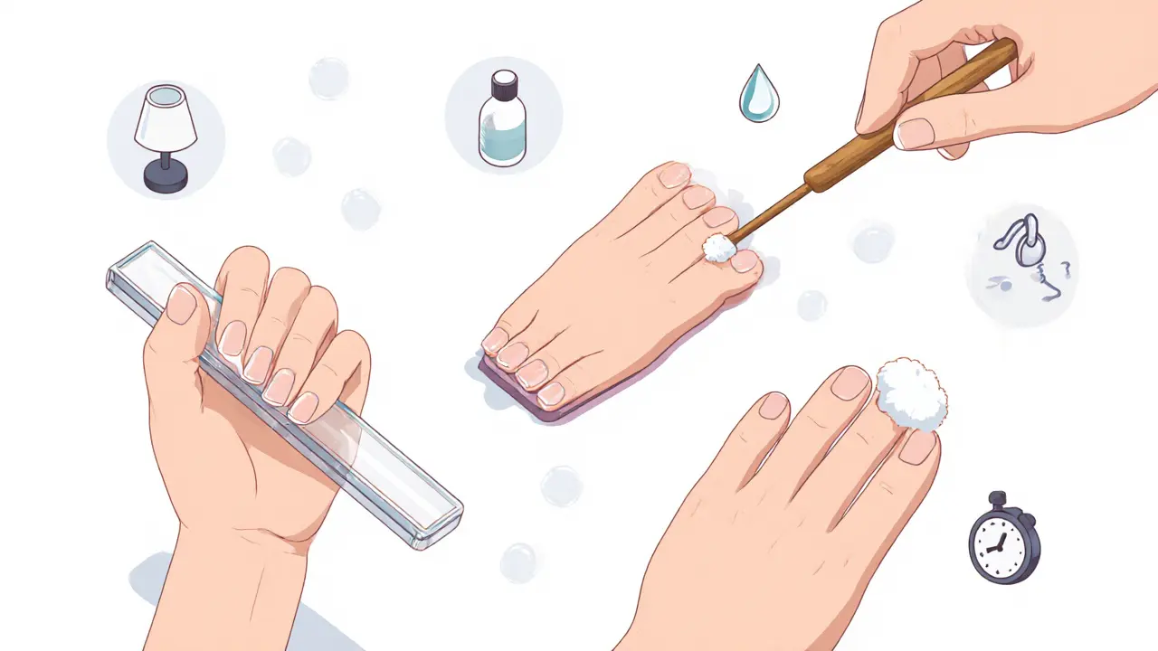 Иллюстрация подготовки ногтей: обезжиривание, запиливание и отодвигание кутикулы.