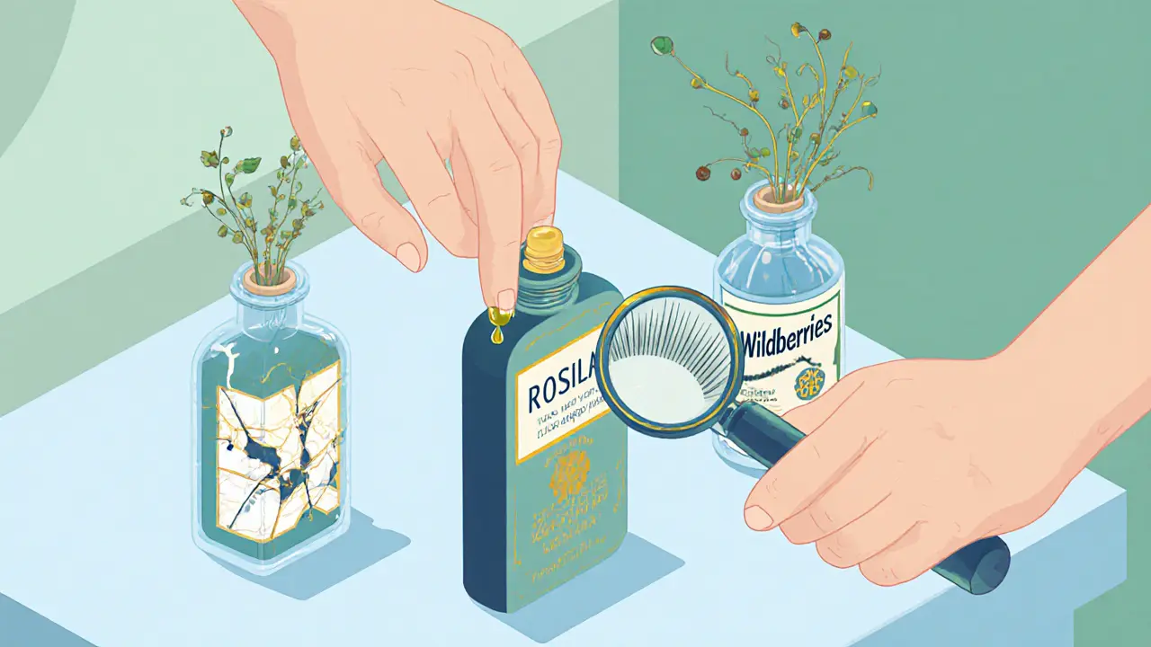 Изометрическая иллюстрация: дорогое масло ROSILAK на фоне сломанных поддельных бутылочек, волоски растут вверх.
