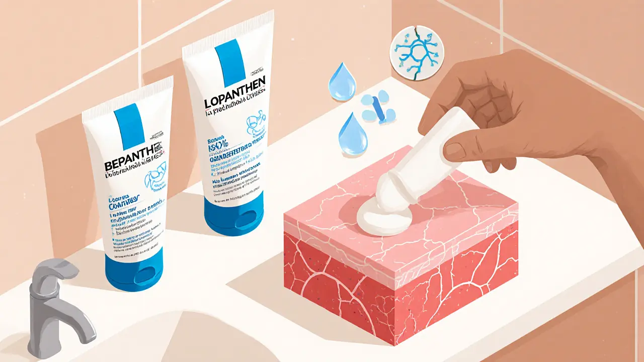 Изометрическая иллюстрация трёх кремов с концентрацией пантенола, применяемого на раздражённой коже.