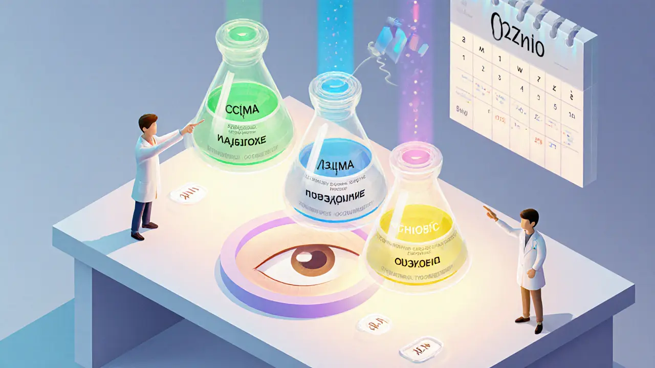 Изометрическая иллюстрация: три масла в пробирках влияют на глаза, одна из них вызывает рост волосков.