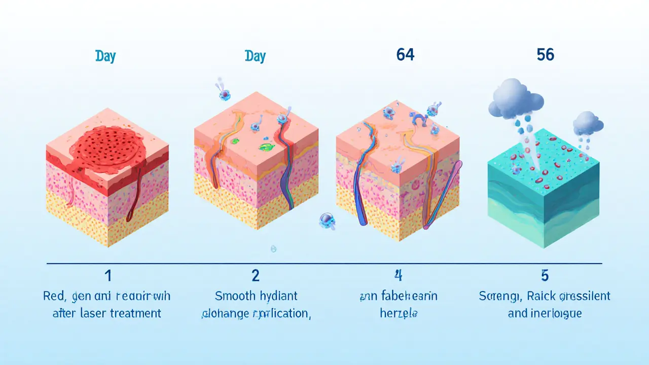 Изометрическая иллюстрация восстановления кожи за 8 недель с применением пантенола от раздражения до здорового состояния.