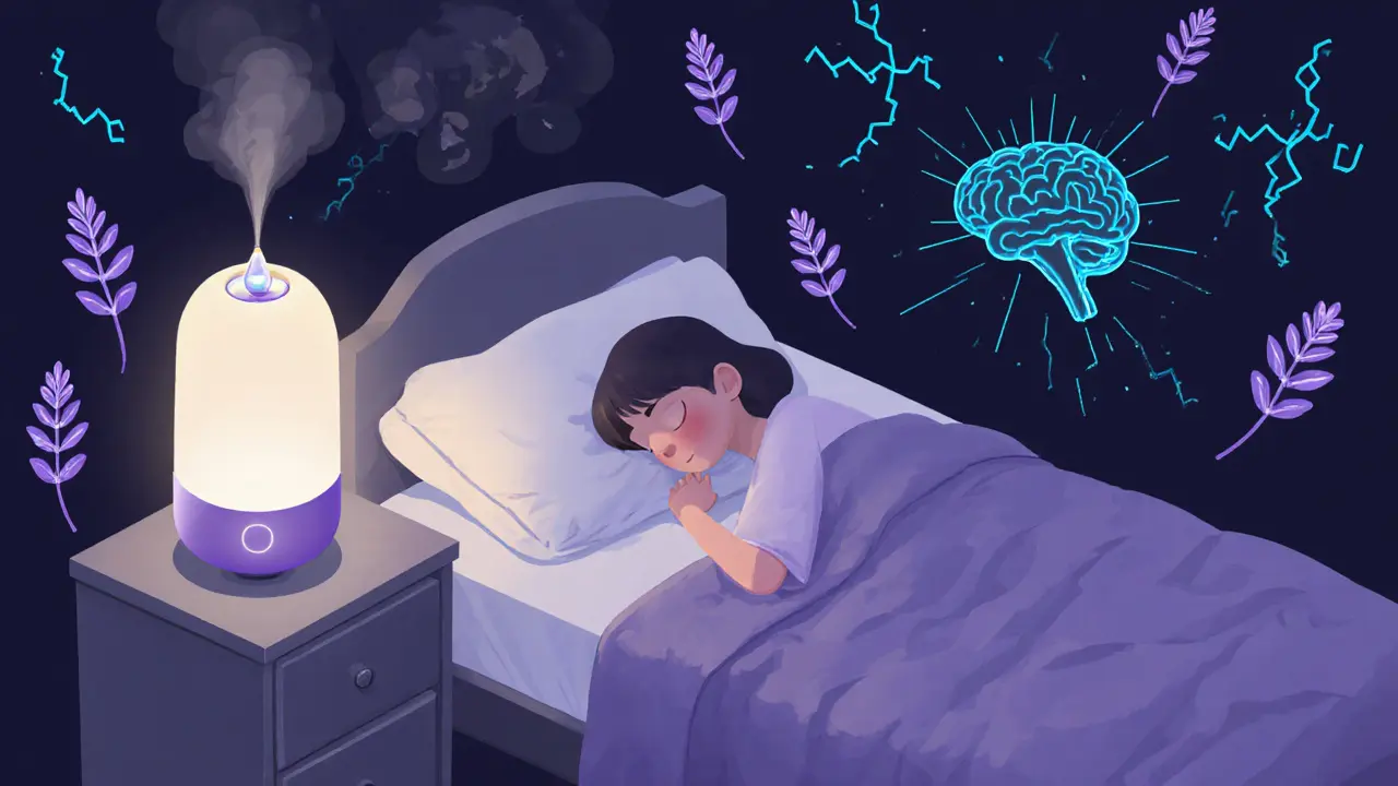 Ночная спальня с лавандовым диффузором и спящим человеком, ароматы в виде цветов.