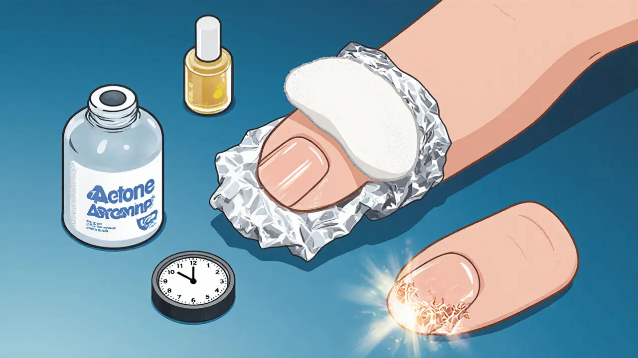 Ноготь в фольге с ацетоном рядом с маслом для кутикулы и здоровым ногтем.