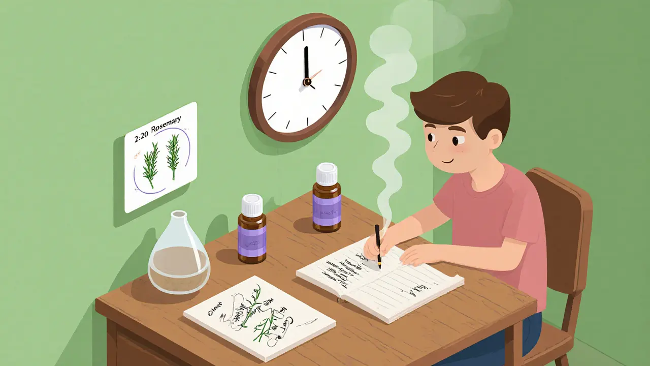 Рабочий стол с розмариновым диффузором и схемой смеси масел для концентрации.