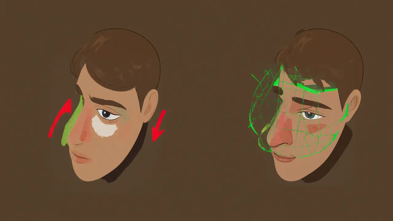 Сравнение правильного и неправильного движения роллером вокруг глаз.