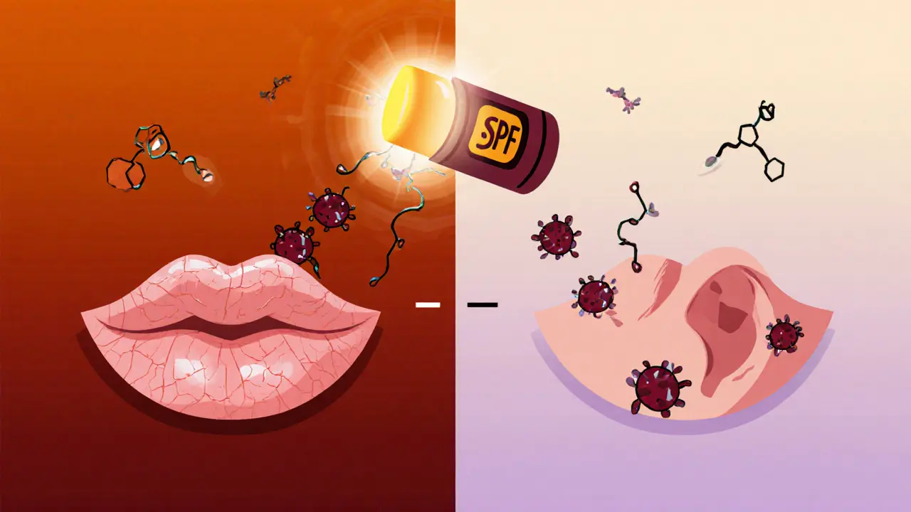 Сравнение здоровых и повреждённых губ и ушей под солнцем в изометрическом стиле с визуализацией защиты.