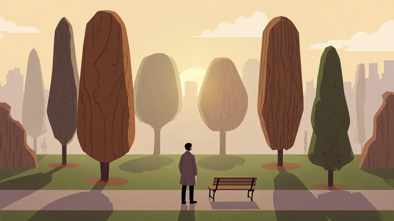 Тихий утренний парк с древесными элементами и одинокой фигурой.