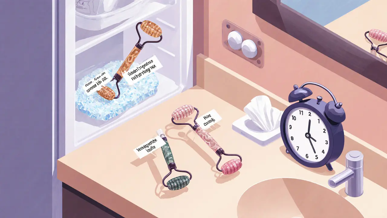 Три типа роллеров на столе с холодильником, салфетками и временем утра.