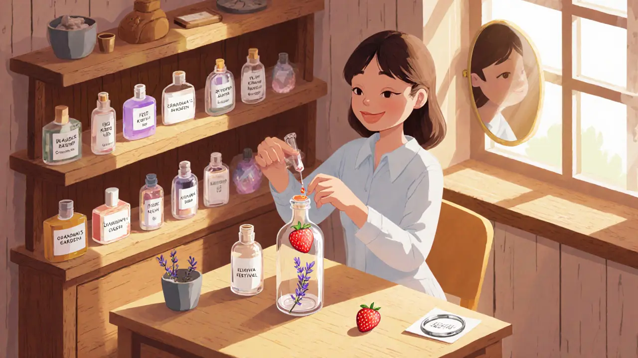 Женщина создаёт персональный аромат, добавляя капли, символизирующие важные воспоминания.