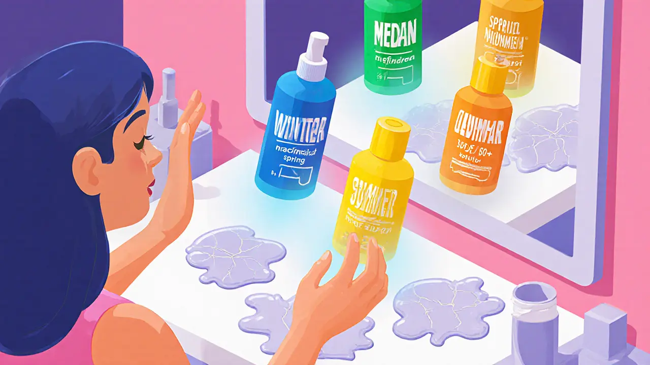 Человек наносит уходовые средства, каждое из которых ассоциируется с сезоном и цветом.