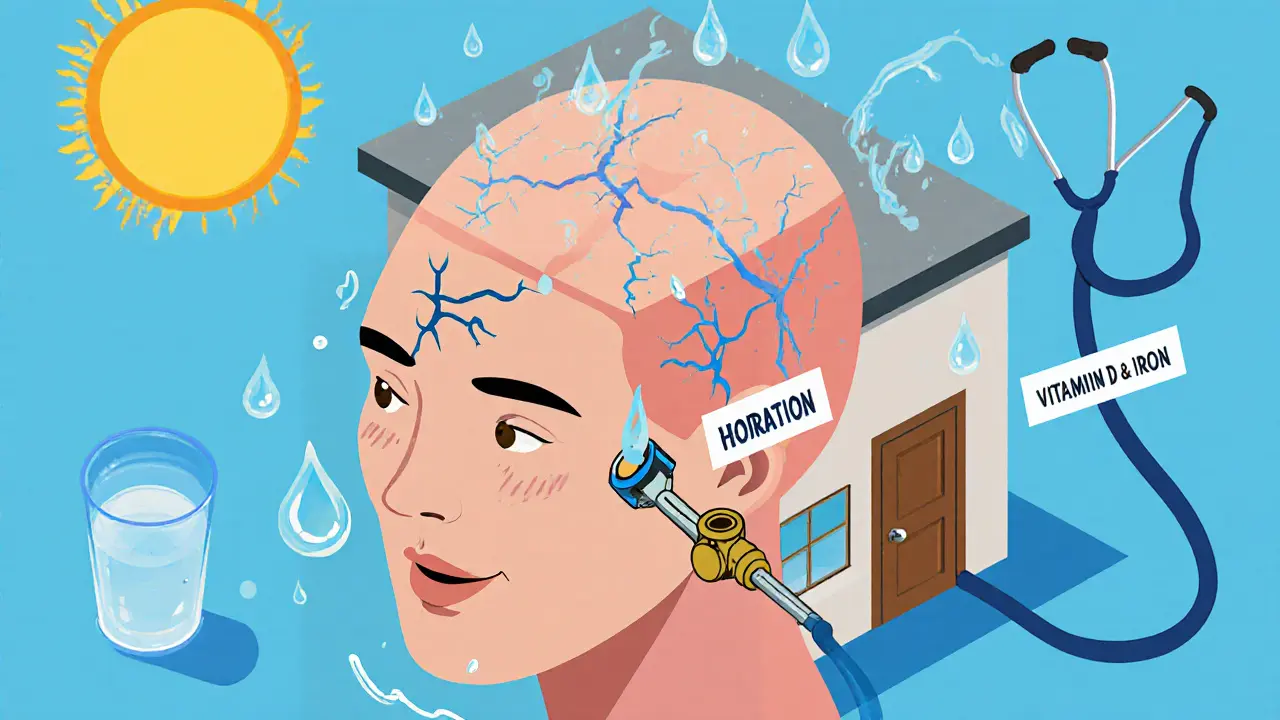 Изометрическая иллюстрация тела как дома: трещины на коже, водопровод с водой и ключом витаминов, исправляющим утечку влаги.