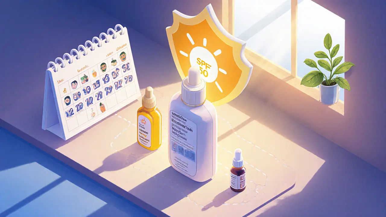 Изометрическая иллюстрация ухода за кожей с масками и солнцезащитным кремом в течение трёх месяцев.