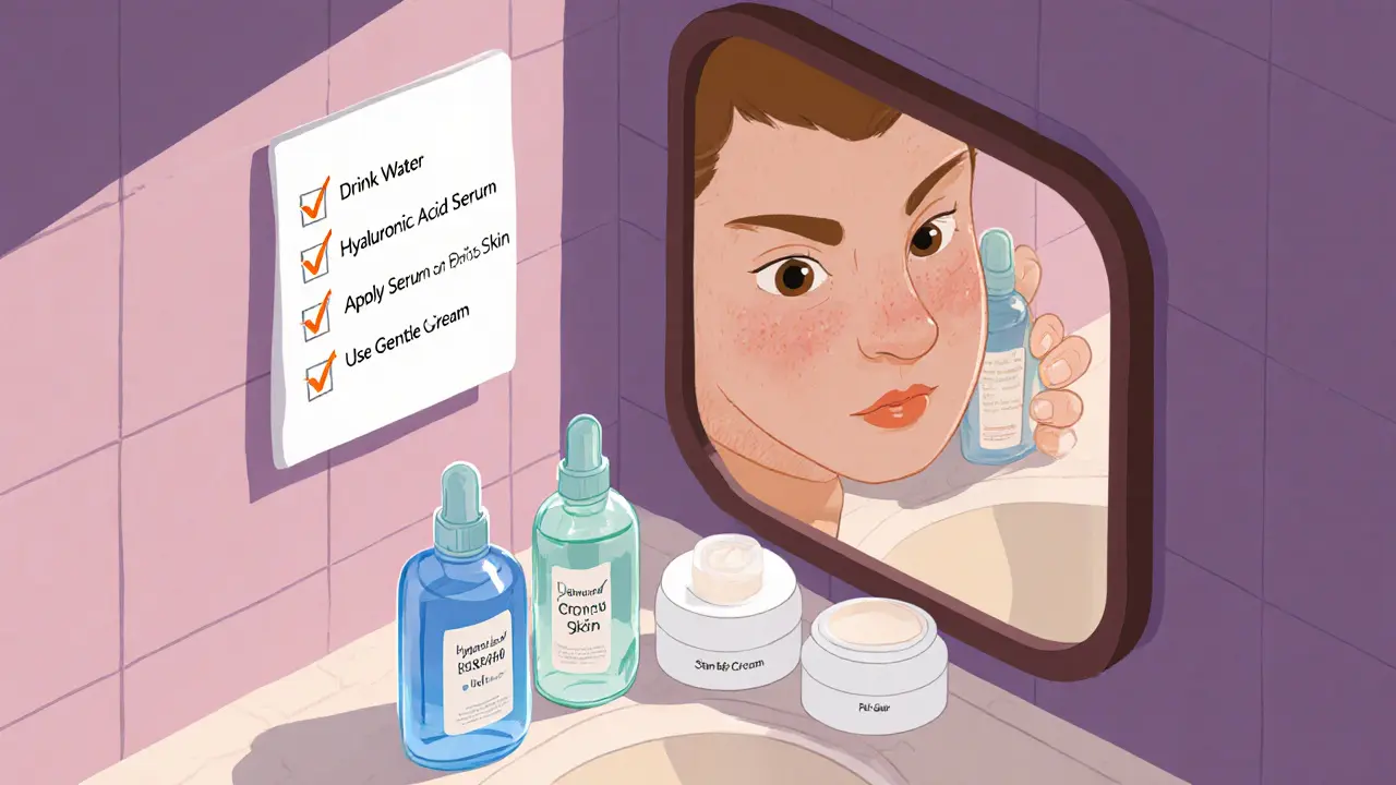 Изометрическая иллюстрация ванной с тремя бутылками ухода и отражением в зеркале: кожа становится мягкой и сияющей после правильного ухода.