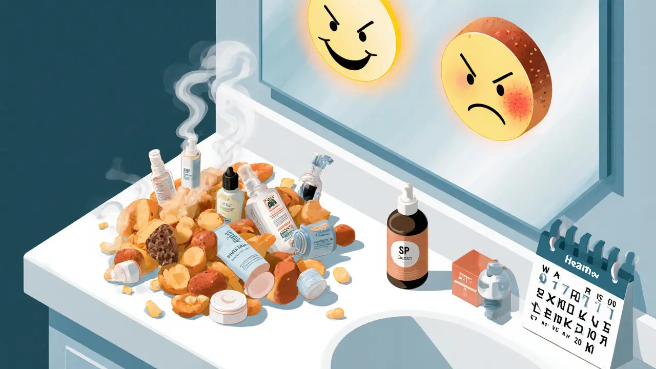 Изометрическая сцена: хаотичный уход против правильного ухода за кожей после пилинга