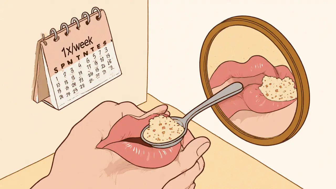 Рука массирует губы скрабом, видны смягчённые кожные чешуйки и розовый оттенок под ними.