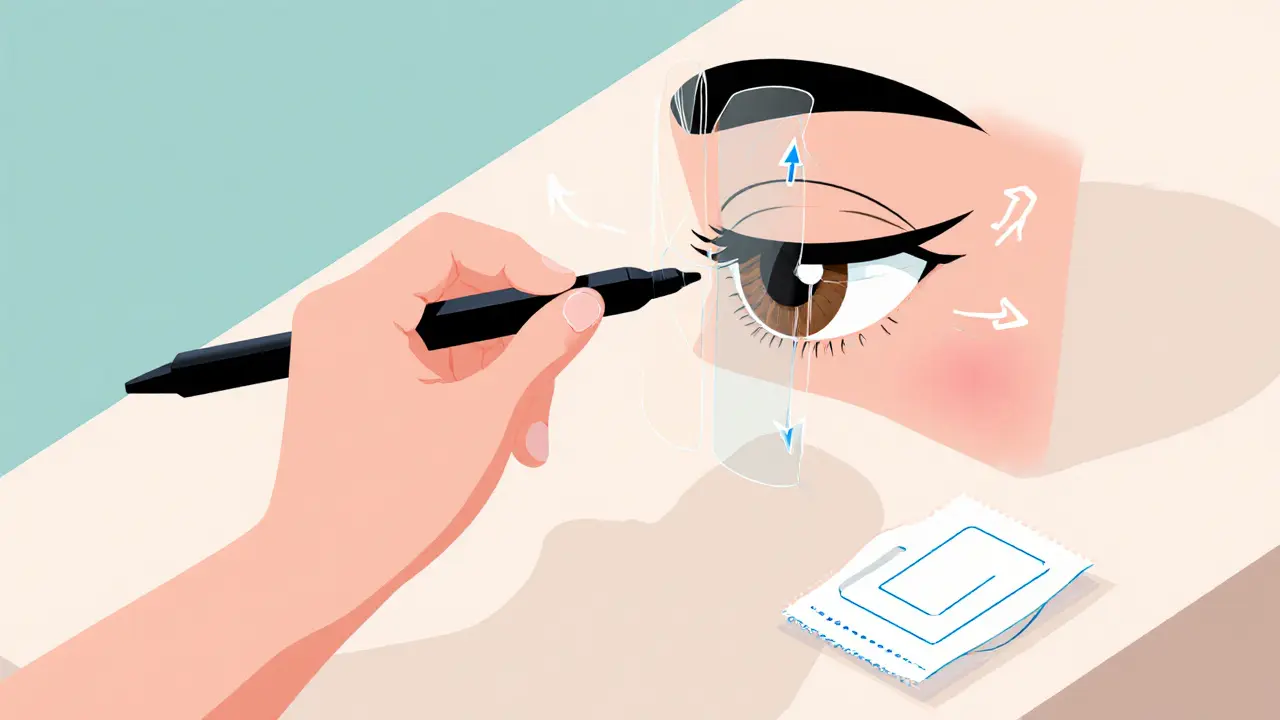 Рука с тремя точками опоры рисует идеальную стрелку с помощью карандаша и подводки.