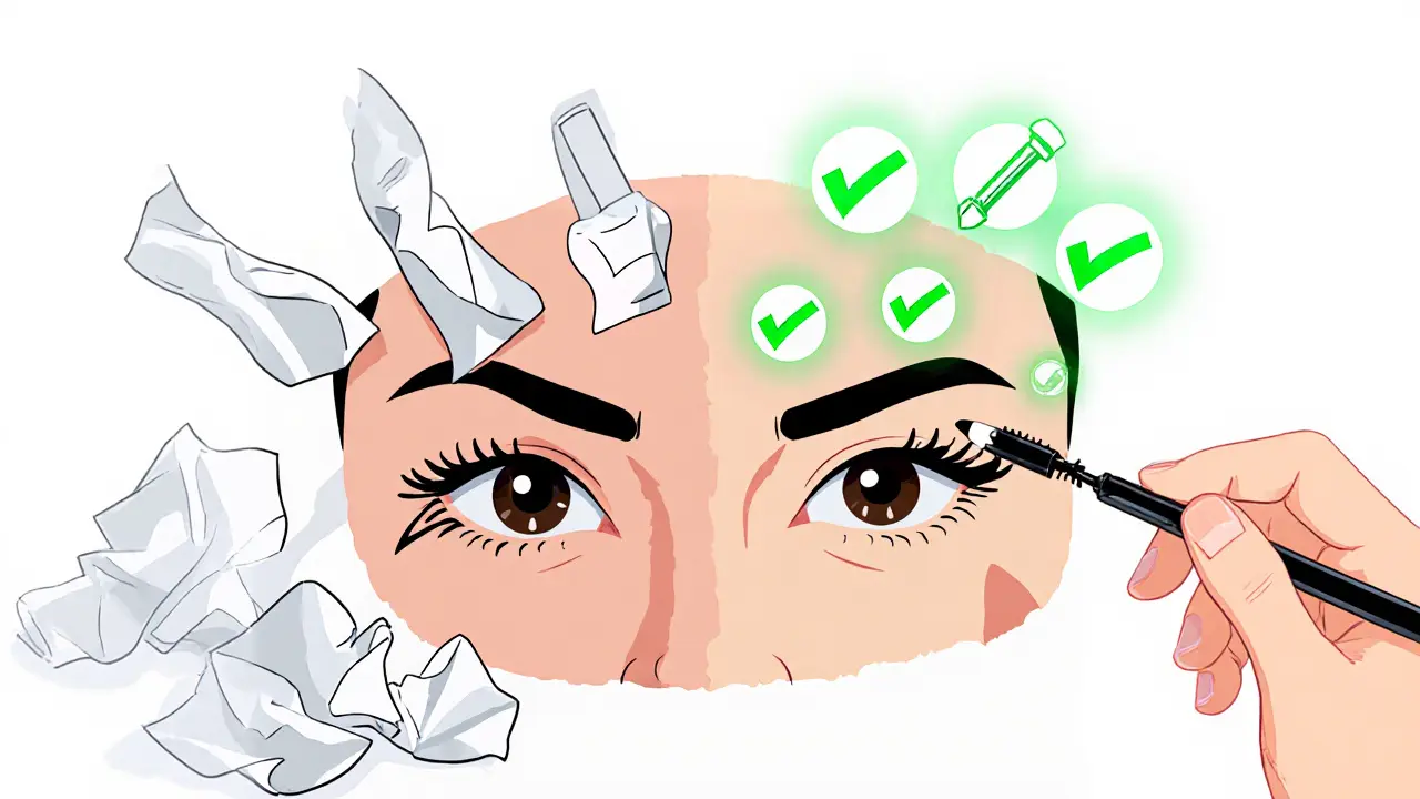 Сравнение неудачной и успешной стрелки с визуальными подсказками для макияжа.