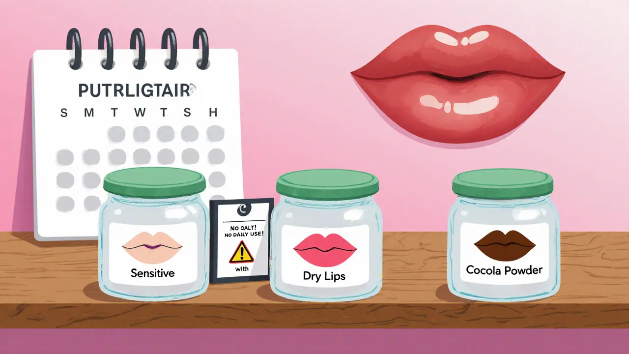 Три баночки с разными рецептами скраба для губ на полке, рядом — предупреждение &#039;Не соль! Не каждый день!&#039;