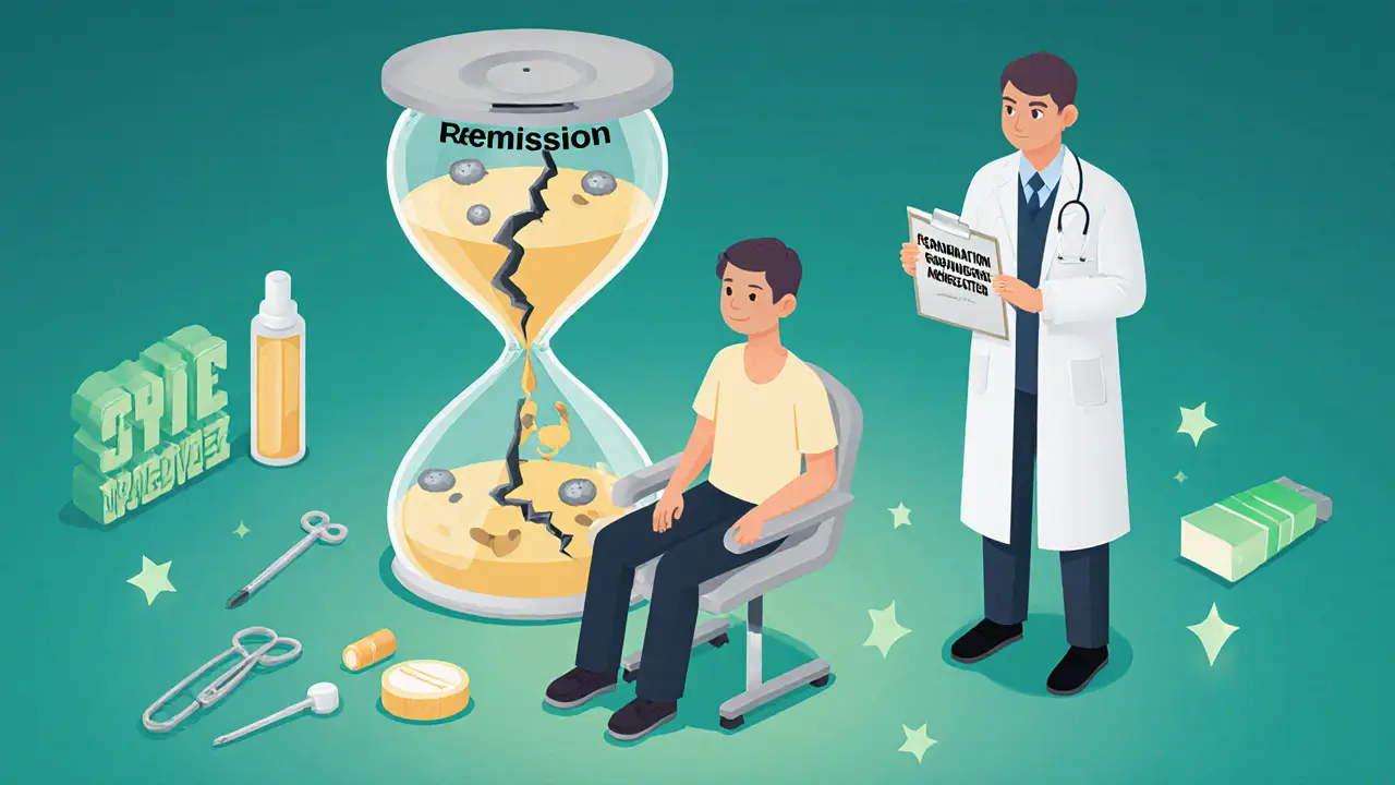 Пациент в клинике, за ним песочные часы с гранулемами, впереди — безопасные альтернативы ухода за кожей.