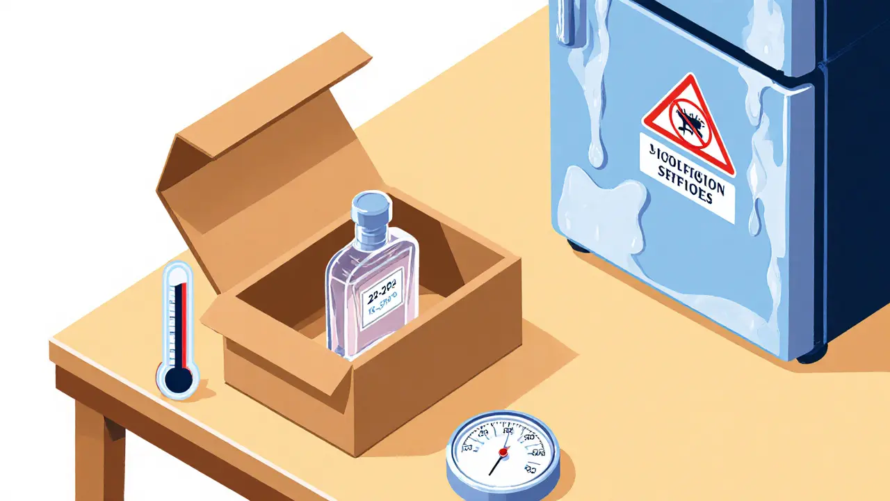 Парфюм в коробке на полке с термометром и гигрометром, холодильник с конденсатом на фоне.