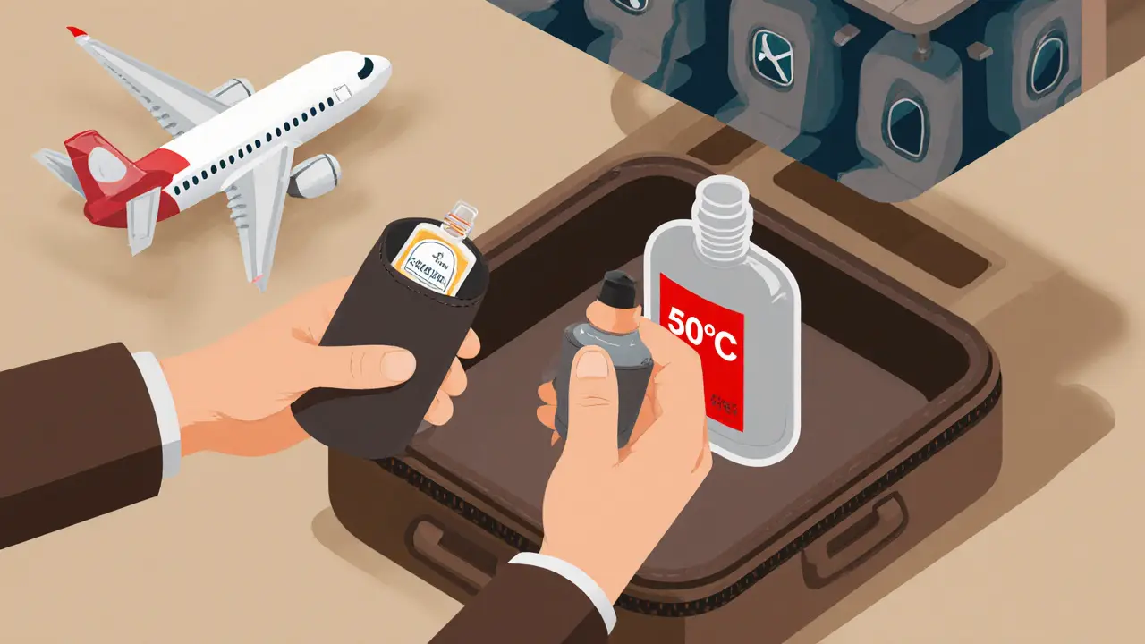 Путешественник с мини-флаконом в термосумке, чемодан с перегретым парфюмом и самолетом в фоне.
