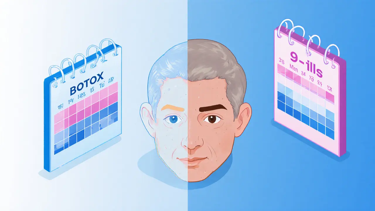 Сравнение длительности эффекта: календари с постепенным исчезновением ботокса и долгосрочным действием филлеров.