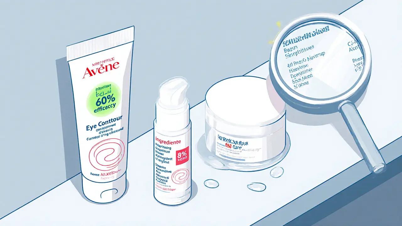 Сравнение трёх средств для глаз: профессиональное с высокой эффективностью, масс-маркет с вредными ингредиентами и детализированный состав под лупой.