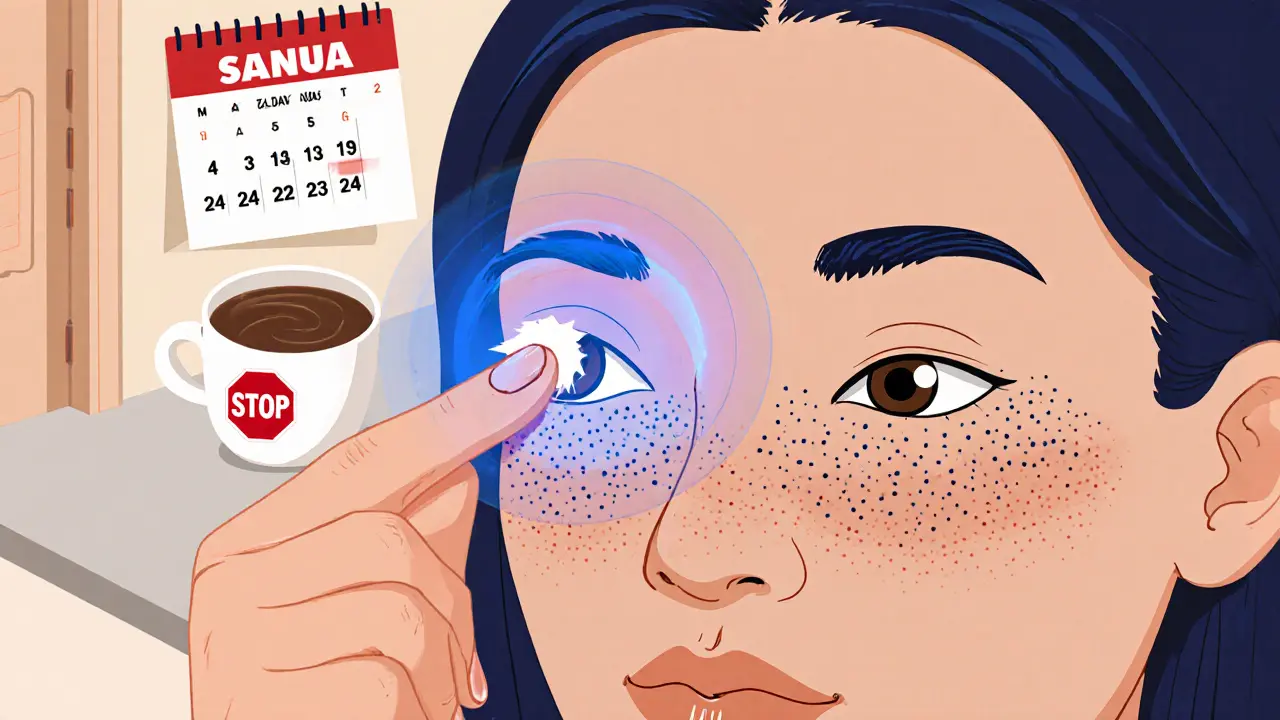 Женщина наносит крем лёгкими похлопываниями вокруг глаз, вокруг — защитное поле, запрет на кофе и сауну, календарь с улучшением за 84 дня.