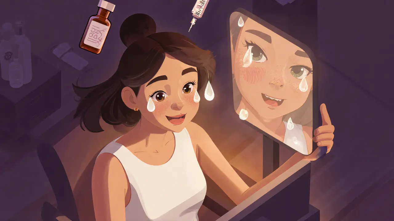 Женщина в косметологическом кабинете с иконками ботокса и филлеров над головой, показывающими разные зоны воздействия.