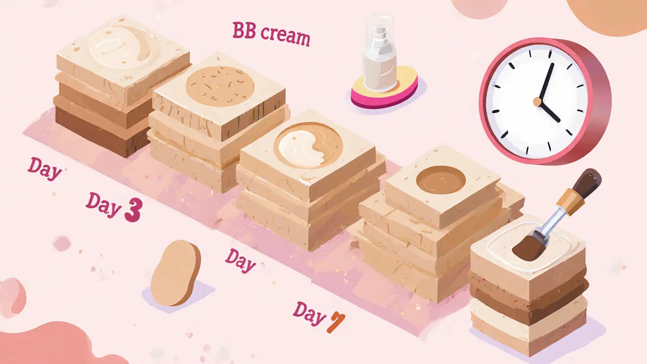 14 дней макияжа: от толстого слоя к натуральному финишу, с инструментами и временем на каждом этапе.