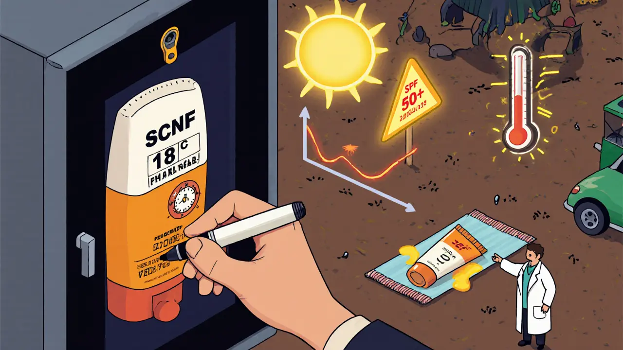 Изометрическая иллюстрация человека, который помечает дату вскрытия крема и хранит его в темном шкафу при правильной температуре.