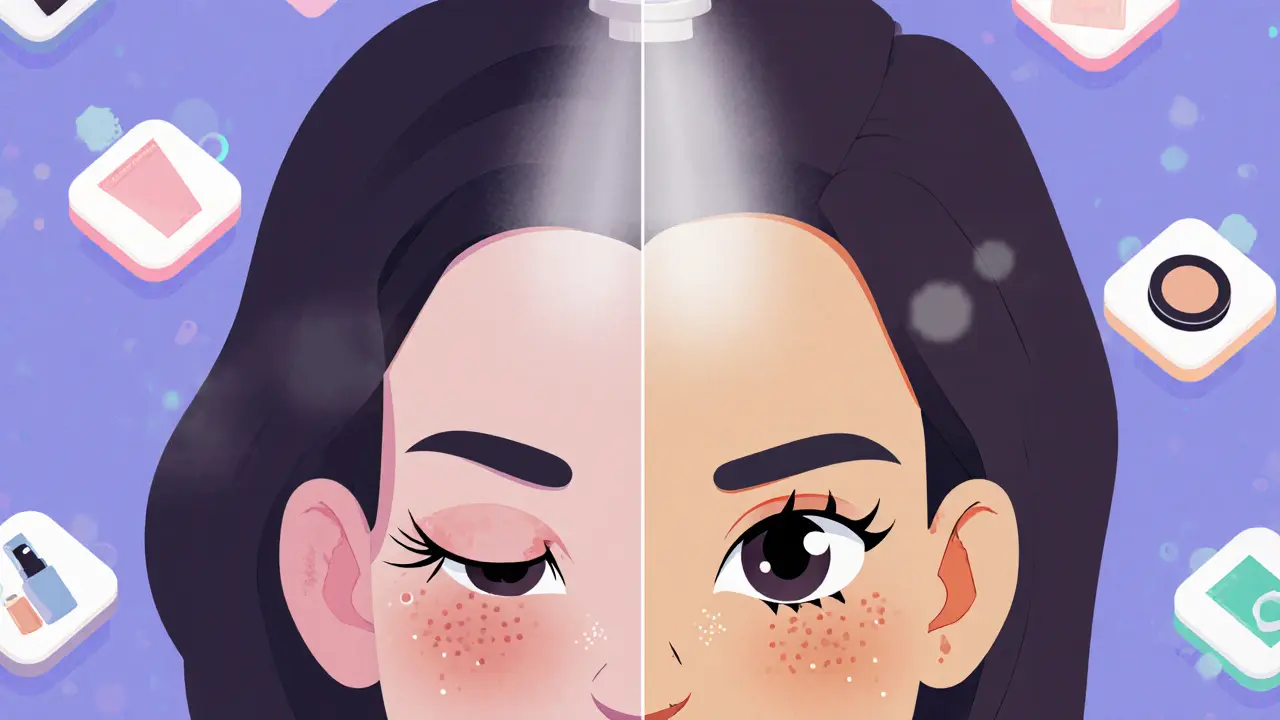 Изометрическая иллюстрация фиксации макияжа спреем с контрастом до и после