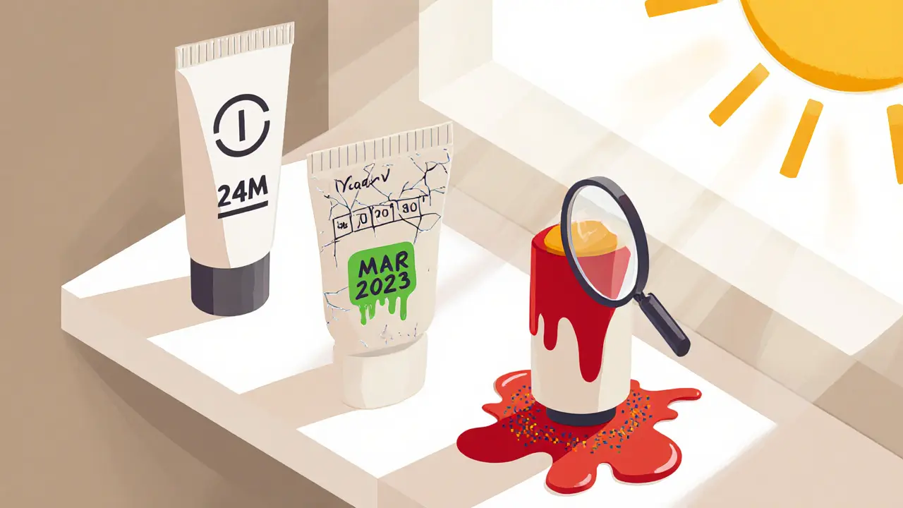 Изометрическая иллюстрация полки с тремя баночками SPF: одна свежая, одна с истекшим сроком и умной этикеткой, меняющей цвет.