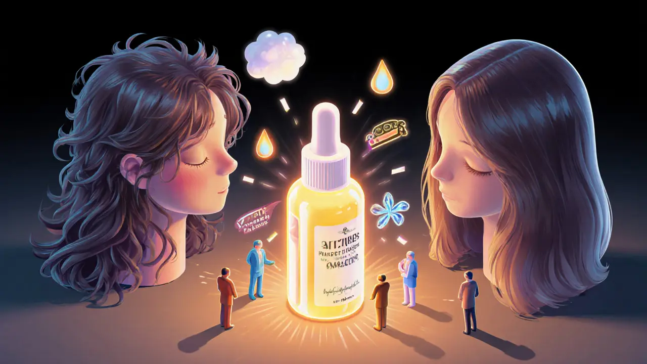 Преобразование пушистых волос в гладкие под действием многофункциональной сыворотки.