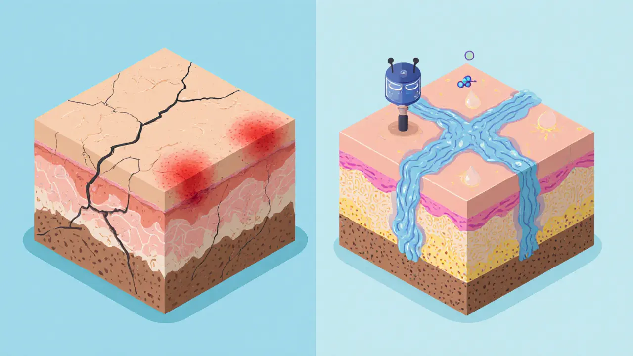 Разрыв кожного барьера слева и его восстановление справа с церамидами и увлажнением.
