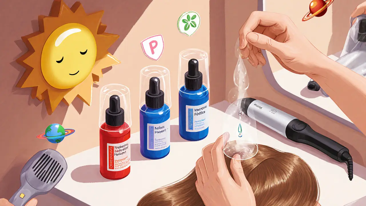 Три бутылочки сывороток на прилавке, каждая с уникальным назначением и цветным эффектом.