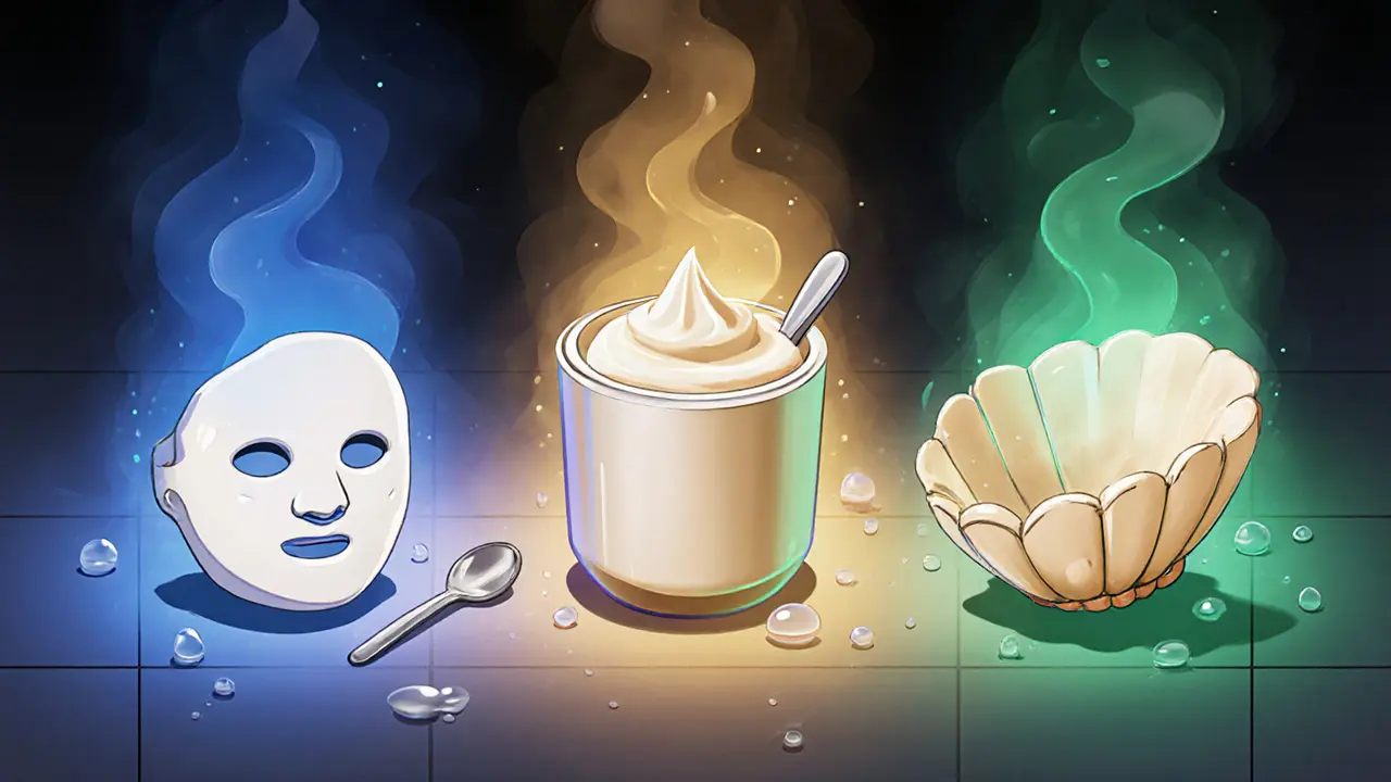 Три типа масок с гиалуроновой кислотой: тканевая, кремовая и альгинатная, с разными цветовыми аурами.