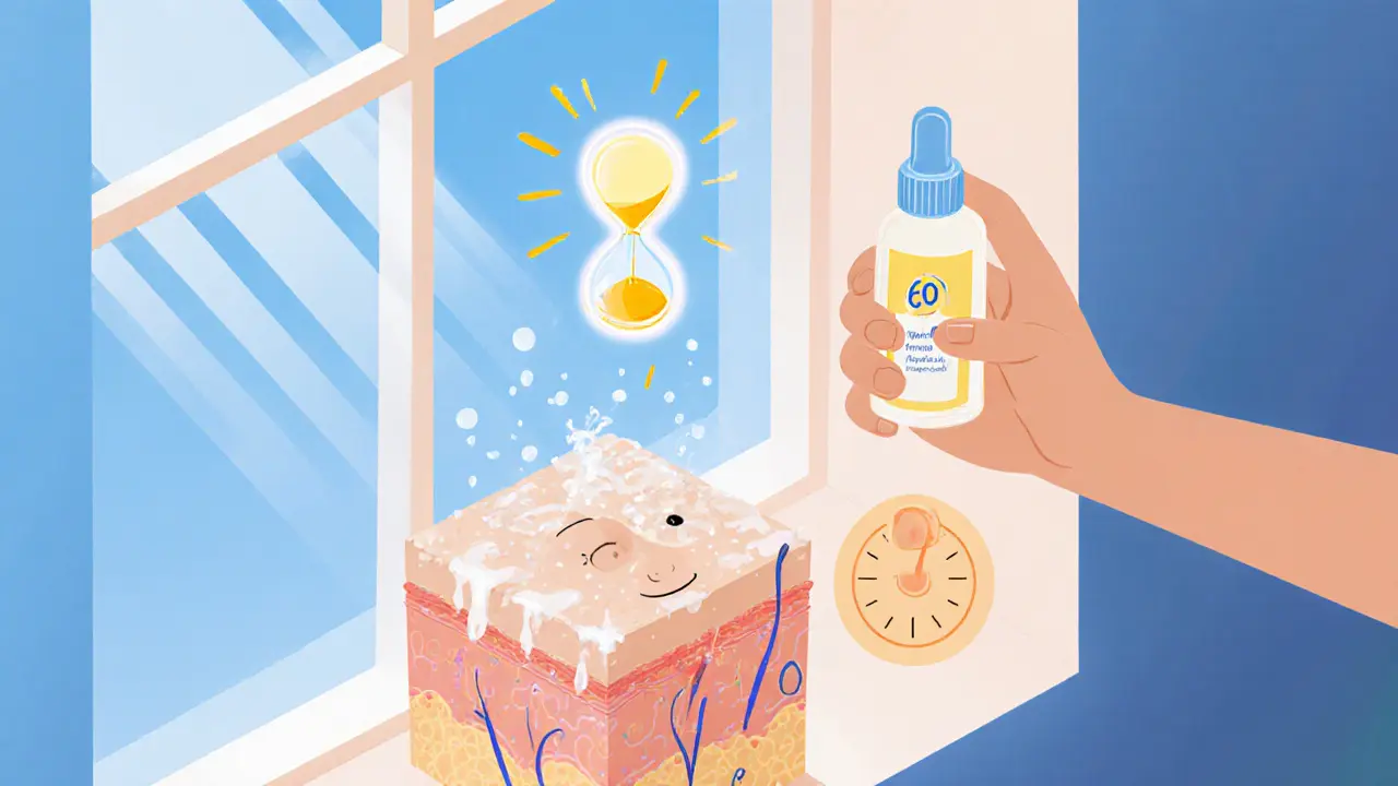Утренний уход: умывание, сыворотка и SPF с часами, показывающими 60 минут.