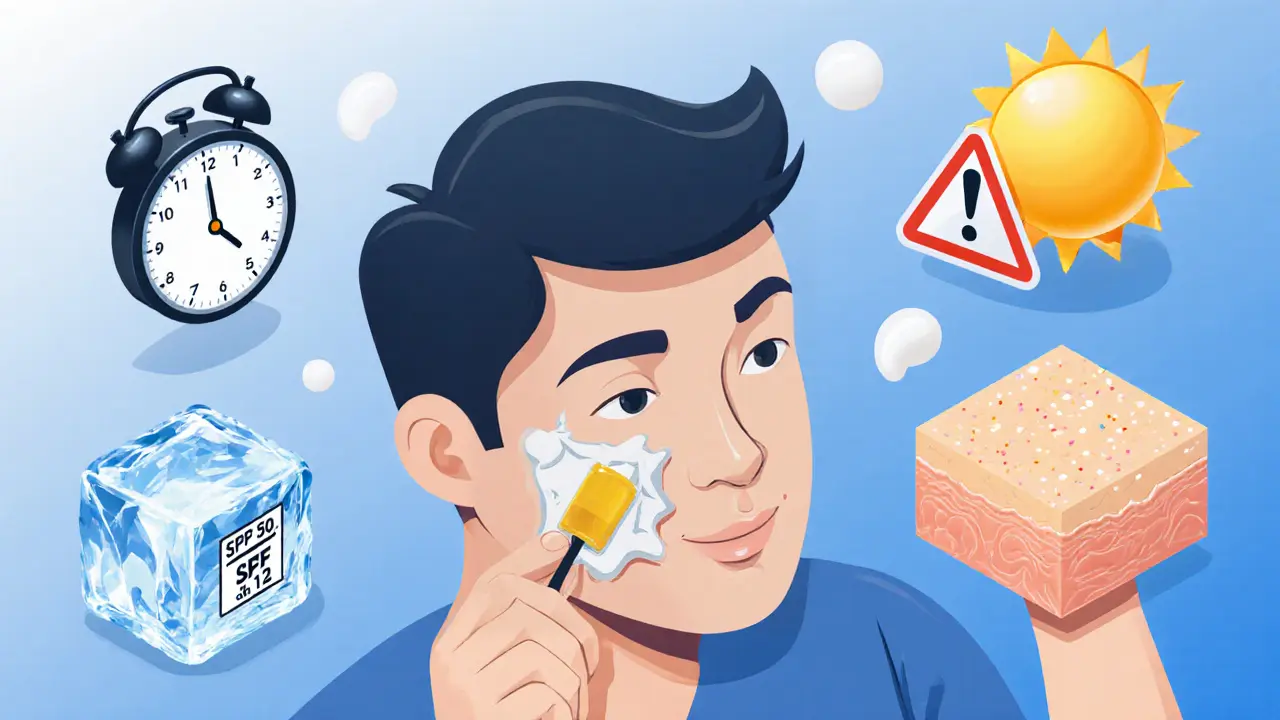 Человек наносит солнцезащитный крем мерной ложкой, вокруг — символы времени, потери защиты и здоровой кожи.